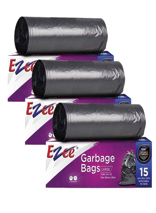 Ezee Plastic Large Garbage Bags 24 Inches X 32 Inches | 45 Units | Pack Of 3-15 Pieces Each Pack, Black - Image 1